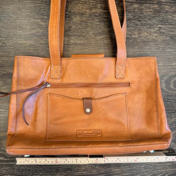 American West Genuine Leather Tote Shoulder Bag Womens Brown Feather Charms Boho - Picture 4 of 15